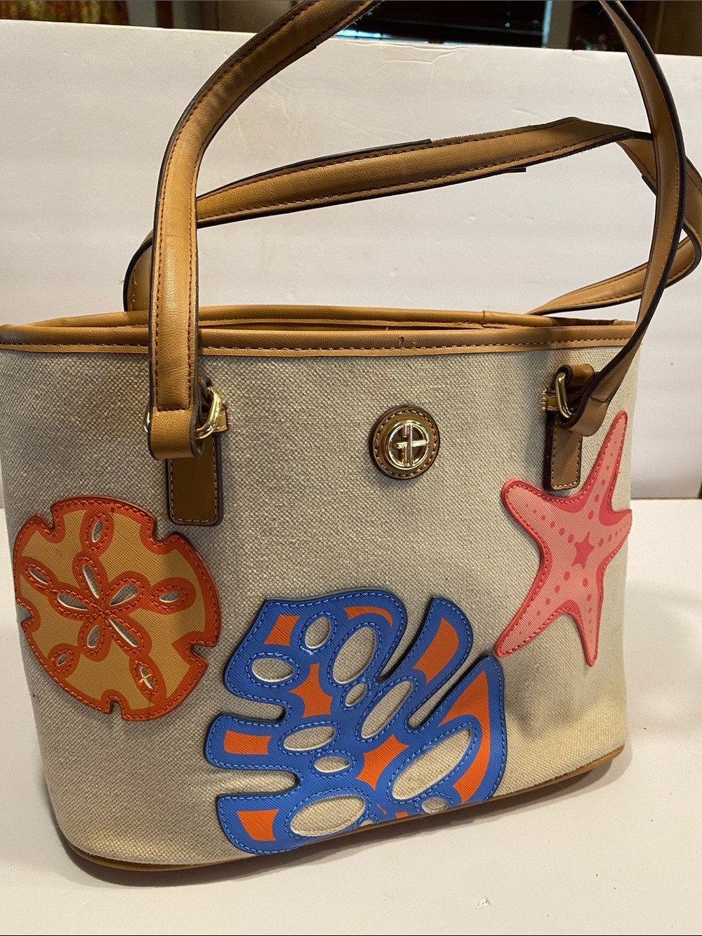 Canvas Tote with Colorful Sea Life Appliqués - Tan Trim